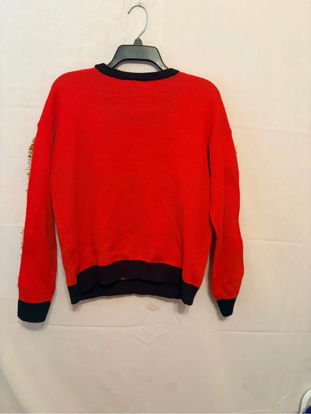 Red Holiday Fireplace Sweater with Tinsel and Stockings